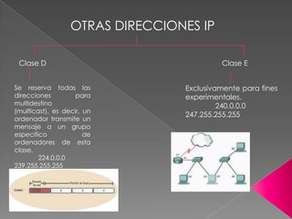 OTRAS DIRECCIONES IP

 Clase D                                  Clase E


Se reserva todas las             Exclusivamente para fines
direcciones         para         experimentales.
multidestino                              240.0.0.0
(multicast), es decir, un
                                 247.255.255.255
ordenador transmite un
mensaje a un grupo
especifico             de
ordenadores de esta
clase.
        224.0.0.0
239.255.255.255
 