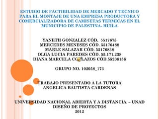 ESTUDIO DE FACTIBILIDAD DE MERCADO Y TECNICO
 PARA EL MONTAJE DE UNA EMPRESA PRODUCTORA Y
 COMERCIALIZADORA DE CAMISETAS TERMICAS EN EL
         MUNICIPIO DE PALESTINA- HUILA


           YANETH GONZALEZ CÓD. 5517675
          MERCEDES MENESES CÓD. 55176488
            MARLE SALAZAR CÓD. 55176838
         OLGA LUCIA PAREDES CÓD. 55.171.238
       DIANA MARCELA COLLAZOS CÓD.55208156

              GRUPO NO. 102058_173
                        
                        
        TRABAJO PRESENTADO A LA TUTORA
          ANGELICA BAUTISTA CARDENAS

                          
UNIVERSIDAD NACIONAL ABIERTA Y A DISTANCIA. – UNAD
              DISEÑO DE PROYECTOS
                      2012
 