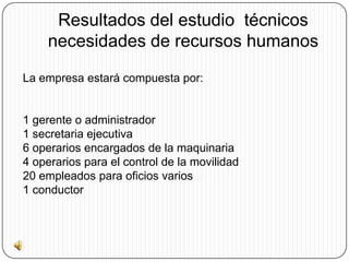 Resultados del estudio técnicos
necesidades de recursos humanos
La empresa estará compuesta por:
1 gerente o administrador...
