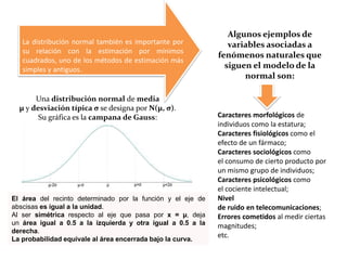 Caracteres morfológicos de
individuos como la estatura;
Caracteres fisiológicos como el
efecto de un fármaco;
Caracteres sociológicos como
el consumo de cierto producto por
un mismo grupo de individuos;
Caracteres psicológicos como
el cociente intelectual;
Nivel
de ruido en telecomunicaciones;
Errores cometidos al medir ciertas
magnitudes;
etc.
La distribución normal también es importante por
su relación con la estimación por mínimos
cuadrados, uno de los métodos de estimación más
simples y antiguos.
Algunos ejemplos de
variables asociadas a
fenómenos naturales que
siguen el modelo de la
normal son:
El área del recinto determinado por la función y el eje de
abscisas es igual a la unidad.
Al ser simétrica respecto al eje que pasa por x = µ, deja
un área igual a 0.5 a la izquierda y otra igual a 0.5 a la
derecha.
La probabilidad equivale al área encerrada bajo la curva.
Una distribución normal de media
μ y desviación típica σ se designa por N(μ, σ).
Su gráfica es la campana de Gauss:
 