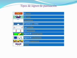 El punto
La coma
Dos puntos
El punto y la coma
Las comillas
Los paréntesis
Signos de interrogación
Signos de exclamación
Puntos suspensivos
Guion
Tipos de signos de puntuación
 