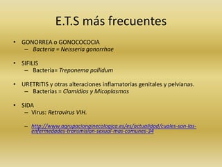 E.T.S más frecuentes
• GONORREA o GONOCOCOCIA
– Bacteria = Neisseria gonorrhae
• SIFILIS
– Bacteria= Treponema pallidum
• URETRITIS y otras alteraciones inflamatorias genitales y pelvianas.
– Bacterias = Clamidias y Micoplasmas
• SIDA
– Virus: Retrovirus VIH.
– http://www.agrupacionginecologica.es/es/actualidad/cuales-son-las-
enfermedades-transmision-sexual-mas-comunes-34
 