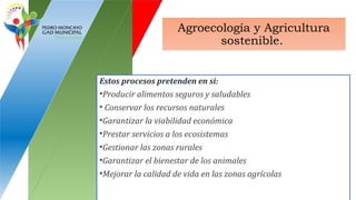Agroecología y Agricultura
sostenible.
Estos procesos pretenden en si:
•Producir alimentos seguros y saludables
• Conservar los recursos naturales
•Garantizar la viabilidad económica
•Prestar servicios a los ecosistemas
•Gestionar las zonas rurales
•Garantizar el bienestar de los animales
•Mejorar la calidad de vida en las zonas agrícolas
 