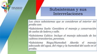 Subsistemas y sus
Interrelaciones
Los cinco subsistemas que se consideran al interior del
predio son:
•Subsistema Suelo: Considera el manejo y conservación
de suelos de ladera y valle.
•Subsistema Cultico: Incluye el manejo adecuado de los
cultivos transitorios, perennes.
•Subsistema Riego/Humedad: Aborda el manejo
adecuado del agua, del riego y la humedad del suelo en el
predio.
 