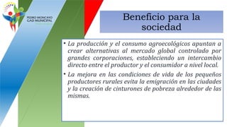 Beneficio para la
sociedad
• La producción y el consumo agroecológicos apuntan a
crear alternativas al mercado global controlado por
grandes corporaciones, estableciendo un intercambio
directo entre el productor y el consumidor a nivel local.
• La mejora en las condiciones de vida de los pequeños
productores rurales evita la emigración en las ciudades
y la creación de cinturones de pobreza alrededor de las
mismas.
 
