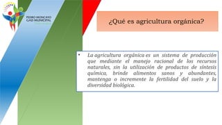 ¿Qué es agricultura orgánica?
• La agricultura orgánica es un sistema de producción
que mediante el manejo racional de los recursos
naturales, sin la utilización de productos de síntesis
química, brinde alimentos sanos y abundantes,
mantenga o incremente la fertilidad del suelo y la
diversidad biológica.
 