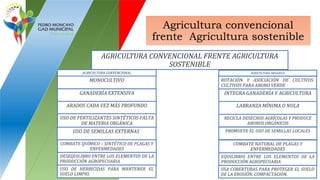 Agricultura convencional
frente Agricultura sostenible
AGRICULTURA CONVENCIONAL FRENTE AGRICULTURA
SOSTENIBLE
AGRICULTURA ORGÁNICAAGRICULTURA CONVENCIONAL
ROTACIÓN Y ASOCIACIÓN DE CULTIVOS.
CULTIVOS PARA ABONO VERDE
MONOCULTIVO
INTEGRA GANADERÍA Y AGRICULTURAGANADERÍA EXTENSIVA
LABRANZA MÍNIMA O NULAARADOS CADA VEZ MÁS PROFUNDO
RECICLA DESECHOS AGRÍCOLAS Y PRODUCE
ABONOS ORGÁNICOS
USO DE FERTILIZANTES SINTÉTICOS FALTA
DE MATERIA ORGÁNICA
PROMUEVE EL USO DE SEMILLAS LOCALESUSO DE SEMILLAS EXTERNAS
COMBATE NATURAL DE PLAGAS Y
ENFERMEDADES
COMBATE QUÍMICO – SINTÉTICO DE PLAGAS Y
ENFERMEDADES
EQUILIBRIO ENTRE LOS ELEMENTOS DE LA
PRODUCCIÓN AGROPECUARIA
DESEQUILIBRO ENTRE LOS ELEMENTOS DE LA
PRODUCCIÓN AGROPECUARIA
USA COBERTURAS PARA PROTEGER EL SUELO
DE LA EROSIÓN. COMPACTACIÓN.
USO DE HERBICIDAS PARA MANTENER EL
SUELO LIMPIO.
 