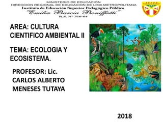 AREA: CULTURA
CIENTIFICO AMBIENTAL II
TEMA: ECOLOGIA Y
ECOSISTEMA.
PROFESOR: Lic.
CARLOS ALBERTO
MENESES TUTAYA
2018
 