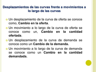  Un desplazamiento de la curva de oferta se conoce
como, Cambio en la oferta.
 Un movimiento a lo largo de la curva de oferta se
conoce como un, Cambio en la cantidad
ofertada.
 Un desplazamiento de la curva de demanda se
conoce como un Cambio de la demanda.
 Un movimiento a lo largo de la curva de demanda
se conoce como un Cambio en la cantidad
demandada.
Desplazamientos de las curvas frente a movimientos a
lo largo de las curvas
 