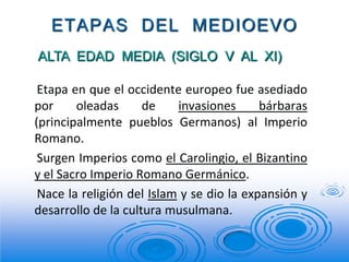 ETAPAS DEL MEDIOEVO
ALTA EDAD MEDIA (SIGLO V AL XI)

 Etapa en que el occidente europeo fue asediado
por     oleadas      ...