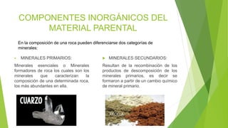 COMPONENTES INORGÁNICOS DEL
MATERIAL PARENTAL
 MINERALES PRIMARIOS:
Minerales esenciales o Minerales
formadores de roca los cuales son los
minerales que caracterizan la
composición de una determinada roca,
los más abundantes en ella.
 MINERALES SECUNDARIOS:
Resultan de la recombinación de los
productos de descomposición de los
minerales primarios, es decir se
formaron a partir de un cambio químico
de mineral primario.
En la composición de una roca pueden diferenciarse dos categorías de
minerales:
 