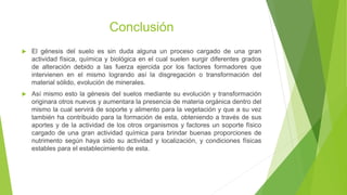 Conclusión
 El génesis del suelo es sin duda alguna un proceso cargado de una gran
actividad física, química y biológica en el cual suelen surgir diferentes grados
de alteración debido a las fuerza ejercida por los factores formadores que
intervienen en el mismo logrando así la disgregación o transformación del
material sólido, evolución de minerales.
 Así mismo esto la génesis del suelos mediante su evolución y transformación
originara otros nuevos y aumentara la presencia de materia orgánica dentro del
mismo la cual servirá de soporte y alimento para la vegetación y que a su vez
también ha contribuido para la formación de esta, obteniendo a través de sus
aportes y de la actividad de los otros organismos y factores un soporte físico
cargado de una gran actividad química para brindar buenas proporciones de
nutrimento según haya sido su actividad y localización, y condiciones físicas
estables para el establecimiento de esta.
 