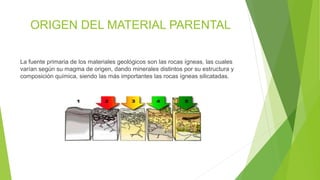 ORIGEN DEL MATERIAL PARENTAL
La fuente primaria de los materiales geológicos son las rocas ígneas, las cuales
varían según su magma de origen, dando minerales distintos por su estructura y
composición química, siendo las más importantes las rocas ígneas silicatadas.
 
