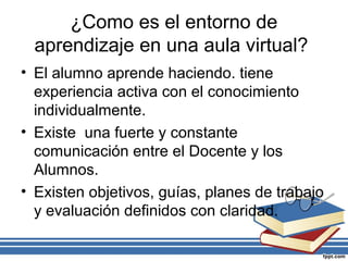 ¿Como es el entorno de
aprendizaje en una aula virtual?
• El alumno aprende haciendo. tiene
experiencia activa con el conocimiento
individualmente.
• Existe una fuerte y constante
comunicación entre el Docente y los
Alumnos.
• Existen objetivos, guías, planes de trabajo
y evaluación definidos con claridad.

 