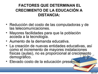 FACTORES QUE DETERMINAN EL
CRECIMIENTO DE LA EDUCACIÓN A
DISTANCIA:
• Reducción del costo de las computadoras y de
las telecomunicaciones.
• Mayores facilidades para que la población
acceda a la tecnología.
• Aumento de la demanda educativa.
• La creación de nuevas entidades educativas, así
como el incremento de mayores instalaciones
físicas (aulas), no es proporcional al crecimiento
demográfico.
• Elevado costo de la educación presencial.

 