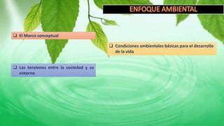  El Marco conceptual
 Las tensiones entre la sociedad y su
entorno
 Condiciones ambientales básicas para el desarrollo
de la vida
 