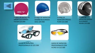 GORRO DE NATACION
ARENA SILICONADO
FUCSIA $23.000
GORRO DE NATACION
SPEEDO SILICONADO
AZUL $29.900
GORRO DE
NATACION SPEEDO
PLATA $25.000
GORRO DE
NATACION ADIDIAS
SILICONADO
NEGRO $35.000
GAFAS DE NATACION
PROFESIONALES X2 $21.500
GAFAS DE NATACION
PROFESIONALES CON
FILTRO UV $22.000
 
