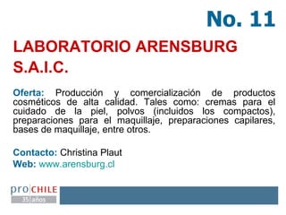 LABORATORIO ARENSBURG S.A.I.C.   Oferta:  Producción y comercialización de productos cosméticos de alta calidad. Tales como: cremas para el cuidado de la piel, polvos (incluidos los compactos), preparaciones para el maquillaje, preparaciones capilares, bases de maquillaje, entre otros. Contacto:  Christina Plaut Web:   www.arensburg.cl No. 11 