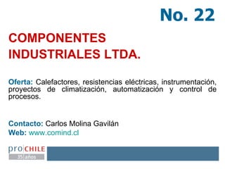 COMPONENTES INDUSTRIALES LTDA.   Oferta:  Calefactores, resistencias eléctricas, instrumentación, proyectos de climatización, automatización y control de procesos.  Contacto:  Carlos Molina Gavilán Web:   www.comind.cl No. 22 