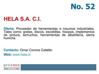 HELA S.A. C.I.   Oferta:  Proveedor de herramientas e insumos industriales. Tales como: gratas, discos, escobillas, hisopos, implementos de pintura, serruchos, herramientas de albañilería, sierra huincha. Contacto:  Omar Corona Catalán Web:   www.hela.cl        No. 52 
