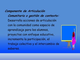 Componente de Articulación
Comunitaria o gestión de contexto:
Desarrolla acciones de articulación
con la comunidad como espacio de
aprendizaje para los alumnos,
proyectos con enfoque educativo,
incrementa la participación, el
trabajo colectivo y el intercambio de
saberes.

 