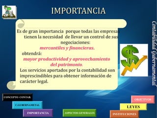 IMPORTANCIA
C.GUBERNAMETAL
INSTITUCIONES
LEYES
OBJETIVOS
CONCEPTO CONTAB.
ASPECTOS GENERALES
IMPORTANCIAIMPORTANCIA
Es de gran importancia porque todas las empresas
tienen la necesidad de llevar un control de sus
negociaciones:
mercantiles y financieras.
obtendrá:
mayor productividad y aprovechamiento
del patrimonio.
Los servicios aportados por la contabilidad son
imprescindibles para obtener información de
carácter legal.
 