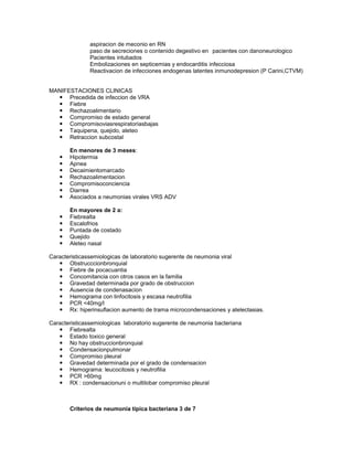 aspiracion de meconio en RN
               paso de secreciones o contenido degestivo en pacientes con danoneurologico
               Pacientes intubados
               Embolizaciones en septicemias y endocarditis infecciosa
               Reactivacion de infecciones endogenas latentes inmunodepresion (P Carini,CTVM)


MANIFESTACIONES CLINICAS
   Precedida de infeccion de VRA
   Fiebre
   Rechazoalimentario
   Compromiso de estado general
   Compromisoviasrespiratoriasbajas
   Taquipena, quejido, aleteo
   Retraccion subcostal

       En menores de 3 meses:
      Hipotermia
      Apnea
      Decaimientomarcado
      Rechazoalimentacion
      Compromisoconciencia
      Diarrea
      Asociados a neumonias virales VRS ADV

       En mayores de 2 a:
      Fiebrealta
      Escalofrios
      Puntada de costado
      Quejido
      Aleteo nasal

Caracteristicassemiologicas de laboratorio sugerente de neumonia viral
    Obstrucccionbronquial
    Fiebre de pocacuantia
    Concomitancia con otros casos en la familia
    Gravedad determinada por grado de obstruccion
    Ausencia de condenasacion
    Hemograma con linfocitosis y escasa neutrofilia
    PCR <40mg/l
    Rx: hiperinsuflacion aumento de trama microcondensaciones y atelectasias.

Caracteristicassemiologicas laboratorio sugerente de neumonia bacteriana
    Fiebrealta
    Estado toxico general
    No hay obstruccionbronquial
    Condensacionpulmonar
    Compromiso pleural
    Gravedad determinada por el grado de condensacion
    Hemograma: leucocitosis y neutrofilia
    PCR >60mg
    RX : condensacionuni o multilobar compromiso pleural



       Criterios de neumonía típica bacteriana 3 de 7
 