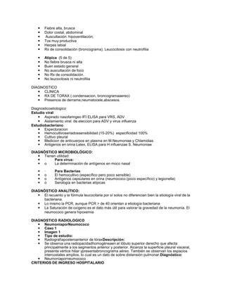    Fiebre alta, brusca
       Dolor costal, abdominal
       Auscultación: hipoventilación,
       Tos muy productiva
       Herpes labial
       Rx de consolidación (broncograma). Leucocitosis con neutrofilia

       Atípica (5 de 5)
       No fiebre brusca ni alta
       Buen estado general
       No auscultación de foco
       No Rx de consolidación
       No leucocitosis ni neutrofilia

DIAGNOSTICO
    CLINICA
    RX DE TORAX ( condensacion, broncogramaaereo)
    Presencia de derrame,neumatocele,abscesos.

Diagnosticoetiologico
Estudio viral:
     Aspirado nasofaringeo IFI ELISA para VRS, ADV
     Aislamiento viral: de eleccion para ADV y virus influenza
Estudiobacteriano
     Expectoracion
     Hemocultivoseriadossensibilidad (15-20%) especificidad 100%
     Cultivo pleural
     Medicion de anticuerpos en plasma en M.Neumoniae y Chlamidias
     Antigenos en orina Latex, ELISA para H influenzae S. Neumoniae

DIAGNÓSTICO MICROBIOLÓGICO:
    Tienen utilidad:
    ·    Para virus:
    o    La determinación de antígenos en moco nasal

       ·     Para Bacterias:
       o     El hemocultivo (específico pero poco sensible)
       o     Antígenos capsulares en orina (neumococo (poco específico) y legionella)
       o     Serología en bacterias atípicas

DIAGNÓSTICO ANALÍTICO:
    El recuento y la fórmula leucocitaria por sí solos no diferencian bien la etiología viral de la
     bacteriana.
    Lo mismo la PCR, aunque PCR > de 40 orientan a etiología bacteriana
    La Saturación de oxígeno es el dato más útil para valorar la gravedad de la neumonía. El
     neumococo genera hipoxemia

DIAGNOSTICO RADIOLOGICO
    NeumoníaporNeumococo
    Caso 1
    Imagen 1
    Tipo de estudio:
    Radiografíaposteroanterior de tóraxDescripción:
    Se observa una radiopacidadhomogéneaen el lóbulo superior derecho que afecta
      principalmente a los segmentos anterior y posterior. Alcanza la superficie pleural visceral,
      presenta vértice hiliar ypresentabroncograma aéreo. También se observan los espacios
      intercostales amplios, lo cual es un dato de sobre distensión pulmonar.Diagnóstico:
    Neumoníaporneumococo
CRITERIOS DE INGRESO HOSPITALARIO
 