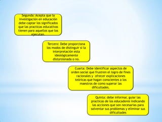 Segunda: Acepta que la
investigación en educación
debe captar los significados
que las practicas educativas
tienen para aquellos que los
ejecutan.
Tercero: Debe proporciona
los modos de distinguir si la
interpretación esta
ideológicamente
distorsionada o no.
Cuarta: Debe identificar aspectos de
orden social que frustren el logro de fines
racionales y ofrecer explicaciones
teóricas que hagan conscientes a los
maestros de como superar las
dificultades.
Quinta: debe informar, guiar las
practicas de los educadores indicando
las acciones que son necesarias para
solventar sus problemas y eliminar sus
dificultades

 