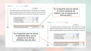 En el siguiente paso se calcula
el numero esperado de
ordenes, que se calcula con la
formula (D/Q*)
En el siguiente paso se calcula
la demanda diaria, que se
calcula con la formula
(D/365(los días del año))
 