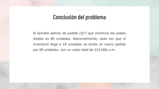 Conclusión del problema
El tamaño óptimo de pedido (Q*) que minimiza los costos
totales es 89 unidades. Adicionalmente, cada vez que el
inventario llega a 19 unidades se emite un nuevo pedido
por 89 unidades, con un costo total de 223.606 u.m.
 