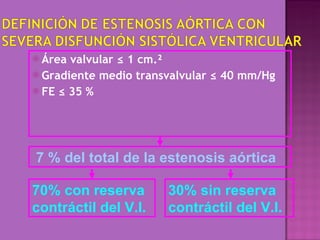 Área valvular ≤ 1 cm. ² Gradiente medio transvalvular ≤  40 mm/Hg FE ≤ 35 % 7 % del total de la estenosis aórtica 70% con reserva contráctil del V.I. 30% sin reserva contráctil del V.I. 