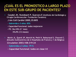 ▪  Casabé JH, Stutzbach P, Guevara E  (Instituto de Cardiología y Cirugía Cardiovascular- Fundación Favaloro) J Am Coll Cardiol 2000,35:805 - Sobrevida a 3 años: 85% - Capacidad funcional: todos mejoraron - FE: 36 ±10% (3°  mes ) 39±9% (12  meses ) ▪   Monin JL, Queré JP, Monchi M, Petit H, Baleynaud S, Chauvel C. (Estudio multicentrico de 6 Hospitales de Francia y 1 de Belgica) Circulation 2003;108:319-24 -  Sobrevida  a 3  años: 79 %   - Capacidad funcional: todos en clase I-II 