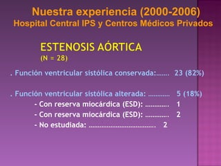 . Función ventricular sistólica conservada: …….   23 (82%) . Función ventricular sistólica alterada:  …………  5 (18%) - Con reserva miocárdica (ESD):  ………….  1 - Con reserva miocárdica (ESD):  ………….  2 - No estudiada:  ……………………………….  2 Nuestra experiencia (2000-2006) Hospital Central IPS y Centros Médicos Privados 