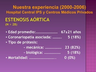 ▪  Edad promedio: ……………………  67 ±21  años ▪  Coronariopatía asociada:  ……….  5 (18%) ▪  Tipo de prótesis:  - mecánica:  ………………  23 (82%) - biológica:  ………………  5 (18%)  ▪  Mortalidad:  ………………………..  0 (0%) Nuestra experiencia (2000-2006) Hospital Central IPS y Centros Médicos Privados 