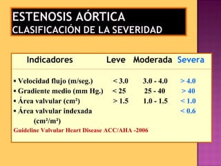 Indicadores  Leve  Moderada  Severa ▪  Velocidad flujo (m/seg.)  < 3.0  3.0 - 4.0  > 4.0 ▪  Gradiente medio (mm Hg.)  < 25  25 - 40  > 40 ▪  Área valvular (cm ²)  > 1.5  1.0 - 1.5  < 1.0   ▪  Área valvular indexada  < 0.6 (cm ²/m²) Guideline Valvular Heart Disease ACC/AHA -2006 
