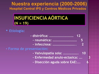 ▪  Etiologia: - distrófica:  …………………………  12 - reumática:  …………………………  5 - infecciosa:  ………………………..  2 ▪  Forma de presentación: - Valvulopatía sola:  ……………….  10 - Enfermedad anulo-ectasica:  ….  3 - Disección aguda sobre EAE: ….  6   Nuestra experiencia (2000-2006) Hospital Central IPS y Centros Médicos Privados 