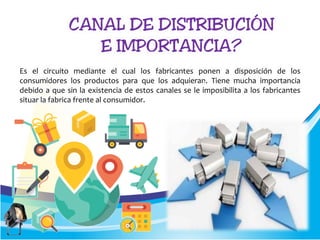Es el circuito mediante el cual los fabricantes ponen a disposición de los
consumidores los productos para que los adquieran. Tiene mucha importancia
debido a que sin la existencia de estos canales se le imposibilita a los fabricantes
situar la fabrica frente al consumidor.
 