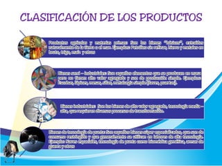 Productos agrícolas y materias primas: Son los bienes “básicos”, extraídos
naturalmente de la tierra o el mar. Ejemplos: Petróleo sin refinar, hierro y metales en
bruto, trigo, maíz y otros
Bienes semi – industriales: Son aquellos elementos que se producen en masa
pero no tienen alto valor agregado y son de producción simple. Ejemplos:
Escobas, lápices, mesas, sillas, metalurgia simple (llaves, puertas).
Bienes industriales: Son los bienes de alto valor agregado, tecnología media –
alta, que requieren diversos procesos de transformación.
Bienes de tecnología de punta: Son aquellos bienes súper especializados, que son de
consumo restringido y que generalmente se utilizan en labores de alta tecnología.
Ejemplo: Naves espaciales, tecnología de punta como biomédica genética, armas de
guerra y otros
 