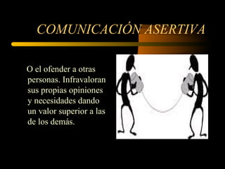 COMUNICACIÓN ASERTIVA

O el ofender a otras
personas. Infravaloran
sus propias opiniones
y necesidades dando
un valor superior a las
de los demás.
 