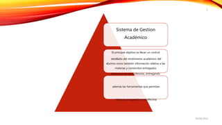 05/08/2014
5
Sistema de Gestion
Académico
El principal objetivo es llevar un control
detallado del rendimiento académico del
alumno como también información relativa a las
materias y contenidos entregados
Evaluaciones de profesores, entregando
además las herramientas que permitan
efectuar una gestión mas efectiva
 
