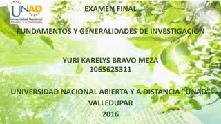 EXAMEN FINAL
FUNDAMENTOS Y GENERALIDADES DE INVESTIGACION
YURI KARELYS BRAVO MEZA
1065625311
UNIVERSIDAD NACIONAL ABIERTA Y A DISTANCIA "UNAD”
VALLEDUPAR
2016
 