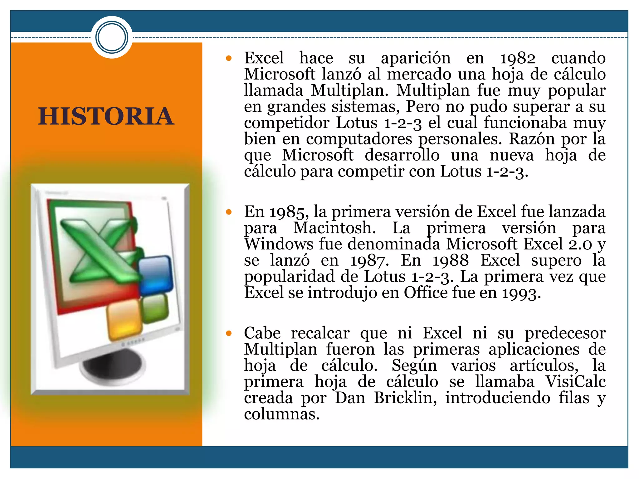  Excel   hace su aparición en 1982 cuando
             Microsoft lanzó al mercado una hoja de cálculo
             llamada Multiplan. Multiplan fue muy popular
             en grandes sistemas, Pero no pudo superar a su
HISTORIA     competidor Lotus 1-2-3 el cual funcionaba muy
             bien en computadores personales. Razón por la
             que Microsoft desarrollo una nueva hoja de
             cálculo para competir con Lotus 1-2-3.

            En 1985, la primera versión de Excel fue lanzada
             para Macintosh. La primera versión para
             Windows fue denominada Microsoft Excel 2.0 y
             se lanzó en 1987. En 1988 Excel supero la
             popularidad de Lotus 1-2-3. La primera vez que
             Excel se introdujo en Office fue en 1993.

            Cabe recalcar que ni Excel ni su predecesor
             Multiplan fueron las primeras aplicaciones de
             hoja de cálculo. Según varios artículos, la
             primera hoja de cálculo se llamaba VisiCalc
             creada por Dan Bricklin, introduciendo filas y
             columnas.
 