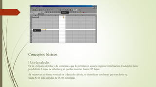 Conceptos básicos
Hoja de calculo.
Es un conjunto de filas y de columnas, que le permiten al usuario ingresar información. Cada libro tiene
por defecto 3 hojas de cálculos y es posible insertar hasta 255 hojas.
Se reconocen de forma vertical en la hoja de cálculo, se identifican con letras que van desde A
hasta XFD, para un total de 16384 columnas.
 