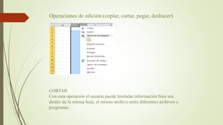 Operaciones de edición (copiar, cortar, pegar, deshacer)
CORTAR
Con esta operación el usuario puede trasladar información bien sea
dentro de la misma hoja, el mismo archivo entre diferentes archivos o
programas.
 
