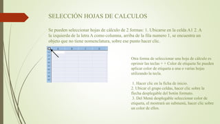 SELECCIÓN HOJAS DE CALCULOS
Se pueden seleccionar hojas de cálculo de 2 formas: 1. Ubicarse en la celda A1 2. A
la izquierda de la letra A como columna, arriba de la fila numero 1, se encuentra un
objeto que no tiene nomenclatura, sobre ese punto hacer clic.
Otra forma de seleccionar una hoja de cálculo es
oprimir las teclas + + Color de etiqueta Se pueden
aplicar color de etiqueta a una o varias hojas
utilizando la tecla.
1. Hacer clic en la ficha de inicio.
2. Ubicar el grupo celdas, hacer clic sobre la
flecha desplegable del botón formato.
3. Del Menú desplegable seleccionar color de
etiqueta, el mostrará un submenú, hacer clic sobre
un color de ellos.
 