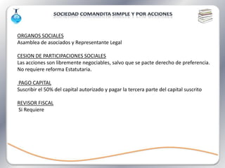 ORGANOS SOCIALES
Asamblea de asociados y Representante Legal

CESION DE PARTICIPACIONES SOCIALES
Las acciones son libremente negociables, salvo que se pacte derecho de preferencia.
No requiere reforma Estatutaria.

PAGO CAPITAL
Suscribir el 50% del capital autorizado y pagar la tercera parte del capital suscrito

REVISOR FISCAL
Si Requiere
 