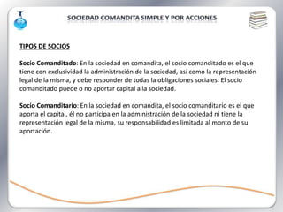 TIPOS DE SOCIOS

Socio Comanditado: En la sociedad en comandita, el socio comanditado es el que
tiene con exclusividad la administración de la sociedad, así como la representación
legal de la misma, y debe responder de todas la obligaciones sociales. El socio
comanditado puede o no aportar capital a la sociedad.

Socio Comanditario: En la sociedad en comandita, el socio comanditario es el que
aporta el capital, él no participa en la administración de la sociedad ni tiene la
representación legal de la misma, su responsabilidad es limitada al monto de su
aportación.
 