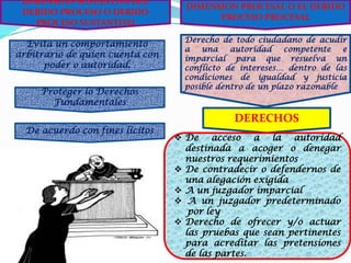 DIMENSION SUSTANTIVA DEL
                                   DIMENSION PROCESAL O EL DEBIDO
 DEBIDO PROCESO O DEBIDO
                                         PROCESO PROCESAL
   PROCESO SUSTANTIVO
                                   Derecho de todo ciudadano de acudir
  Evita un comportamiento
                                   a   una    autoridad    competente   e
arbitrario de quien cuenta con     imparcial para que resuelva un
      poder o autoridad.           conflicto de intereses… dentro de las
                                   condiciones de igualdad y justicia
                                   posible dentro de un plazo razonable
     Proteger lo Derechos
       Fundamentales
                                              DERECHOS
  De acuerdo con fines lícitos
                                  De acceso a la autoridad
                                   destinada a acoger o denegar
                                   nuestros requerimientos
                                  De contradecir o defendernos de
                                   una alegación exigida
                                  A un juzgador imparcial
                                  A un juzgador predeterminado
                                    por ley
                                  Derecho de ofrecer y/o actuar
                                   las pruebas que sean pertinentes
                                   para acreditar las pretensiones
                                   de las partes.
 
