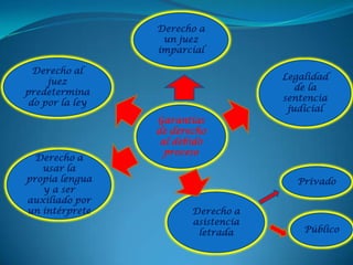 Derecho a
                  un juez
                 imparcial

  Derecho al
                                     Legalidad
     juez
                                        de la
predetermina
                                     sentencia
 do por la ley
                                      judicial
                 Garantías
                 de derecho
                  al debido
                   proceso
  Derecho a
   usar la
propia lengua                           Privado
   y a ser
auxiliado por
un intérprete           Derecho a
                        asistencia
                         letrada         Público
 